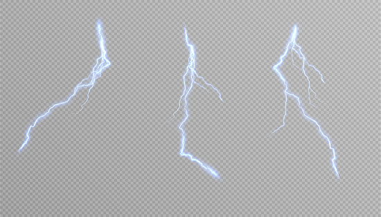 Realistic lightning, thunderstorm, inclement weather, electrical energy discharge. For vector illustrations and designs.