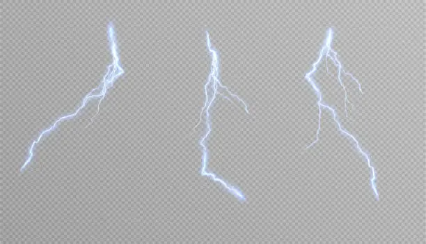 Vector illustration of Realistic lightning, thunderstorm, inclement weather, electrical energy discharge.