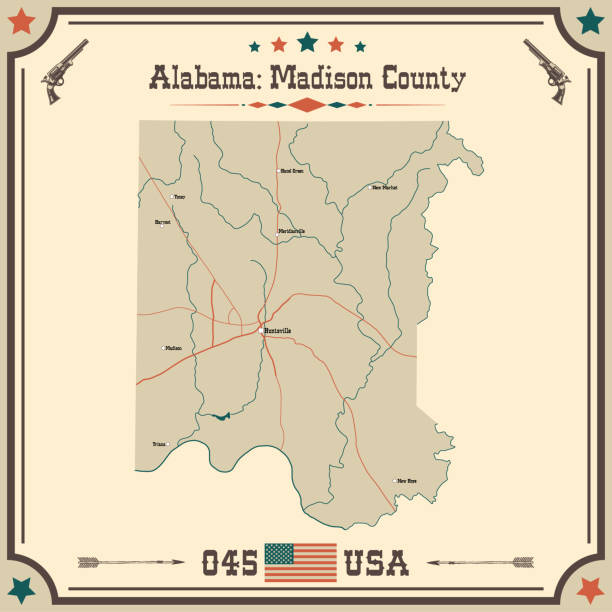 Large and accurate map of Madison county, Alabama, USA with vintage colors.