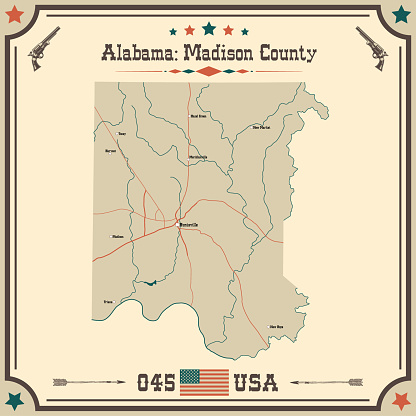 Large and accurate map of Madison county, Alabama, USA with vintage colors.