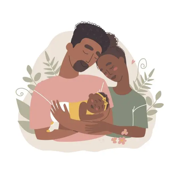 Vector illustration of Vector family illustration. Black african american woman and man holding a newborn baby. Mom, dad and child.