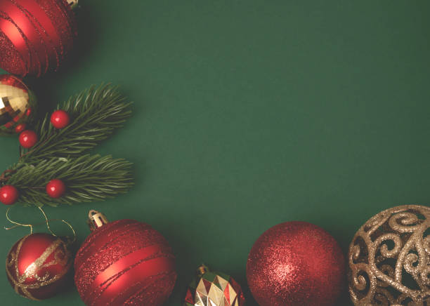 istock Christmas decorations on a green background. Copy space 1446032774