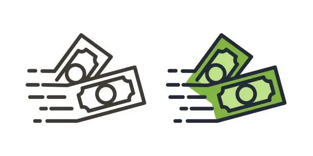 Vector illustration of Money vector icon. Bank note Dollar bill flying from sender to receiver. Design illustration for money, wealth, investment and finance concepts. 2 Different styles, thin line and filled outline