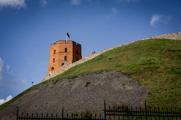 Vilnius, Lithuania - September 26, 2022:  Gediminas tower on the hill. Remaining part of the medieval Upper Castle.