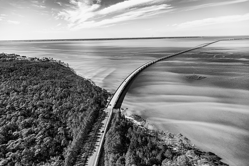 The Avalon Street Bridge crossing northward along the eastern side of Pensacola Bay shot from an altitude of about 600 feet.