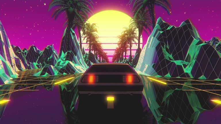 80's retro style sports car driving through a grid highway with palm trees