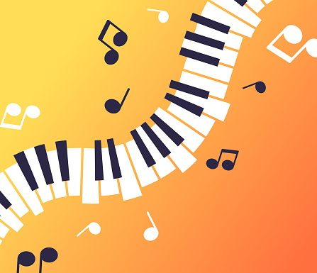 Abstract piano keys music wavy line background with musical notes design.