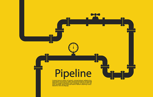 Pipeline background. Pipe icon with text on yellow backdrop. Technology for gas, water, oil and gasoline. Construction industry system. Pipelines with tap, fitting and meter of pressure. Vector.