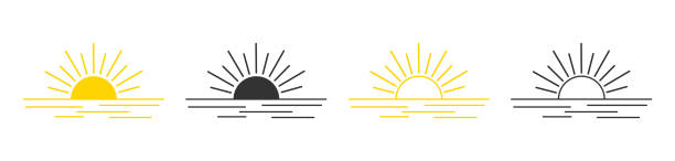 illustrazioni stock, clip art, cartoni animati e icone di tendenza di icona della linea del tramonto. logo del sole con il mare. illustrazione di design dell'acqua e dell'alba. simbolo del sole giallo e nero per mattina, estate e viaggi. segno grafico dell'orizzonte con tempo soleggiato. vettore - city of sunrise immagine