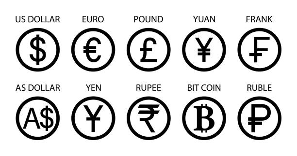 ilustraciones, imágenes clip art, dibujos animados e iconos de stock de icono de moneda. símbolo de dólar, euro, libra, yen, yuan y rublo. signo de cambio de monedas internacionales. gbp, rupia, dólar australiano y bitcoin. establecido para inversión, crédito y pago. vector - coin china japanese currency finance