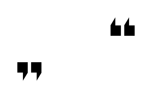 Quote icon. Quotation mark for speech and citation. Double inverted comma. Black symbol for bubble, discussion and text. Graphic design logo for open and end of chat. Vector.