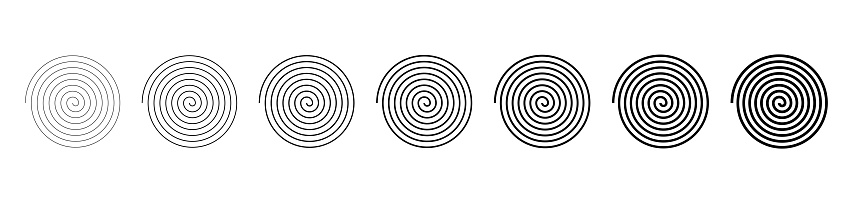 Spiral shapes. Thin and thick swirl lines. Abstract round strokes. Black geometric circular elements isolated on white background. Symbols for art, twirl and hypnotic. Radial linear icons. Vector.