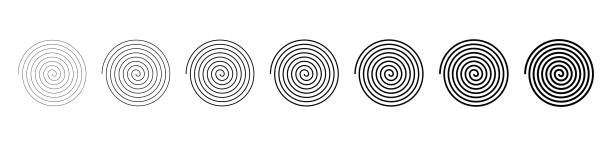 Spiral shapes. Thin and thick swirl lines. Abstract round strokes. Black geometric circular elements isolated on white background. Symbols for art, twirl and hypnotic. Radial linear icons. Vector Spiral shapes. Thin and thick swirl lines. Abstract round strokes. Black geometric circular elements isolated on white background. Symbols for art, twirl and hypnotic. Radial linear icons. Vector. Spiral stock illustrations