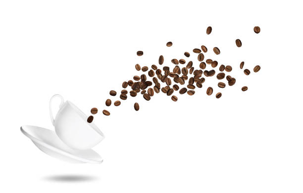istock Cup and aromatic roasted coffee beans flying on white background 1446045159