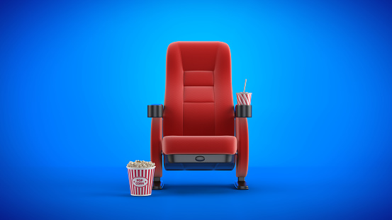 Cinema concept - Front view of red cinema chair with cup drink and box of popcorn on blue background. 3d illustration