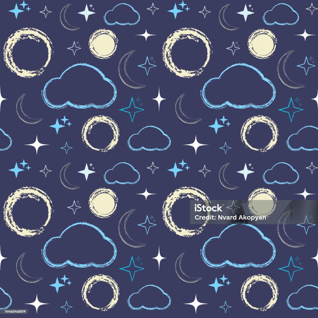 Vector Pattern Night Hand Drawn Chalk Seamless Pattern Night Sky Stock Illustration ...