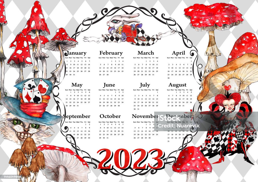 Alice In Wonderland Calendar With White Rabbit Symbol Of 2023 Year