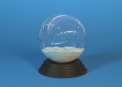 Snow globe with falling snowflakes. Realistic transparent glass sphere on wooden pedestal. Magic glass sphere on dark background. 3D rendering