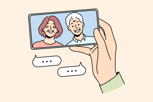 Person talk on video call with parents Hand holding cellphone talking with mature parents online on video call. Person have webcam conversation with senior grandparents on smartphone. Vector illustration. old remote control stock illustrations
