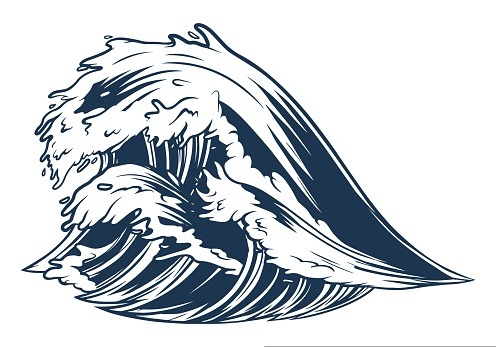 Ocean waves detailed monochrome emblem raged during offshore hurricane or strong wind and storm over water vector illustration
