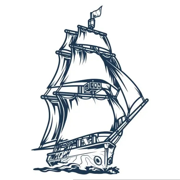 Vector illustration of Sailing ship vintage monochrome sticker