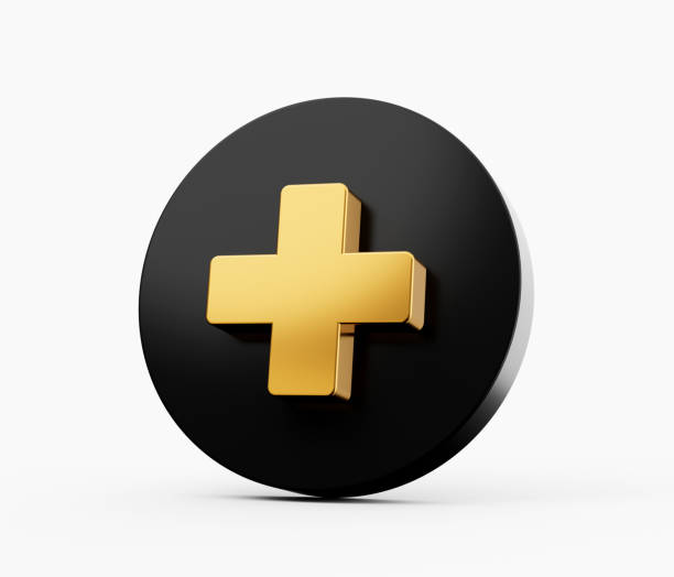 istock 3d Gold and black circle with plus on the white background. 3d illustration 1446055456
