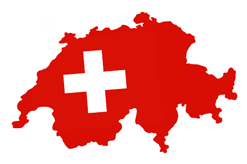 Flag of Switzerland on silhouette of the the country isolated on white background.