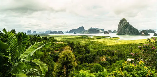 Aerial view of the beautiful Phang Nga Bay, Ao Phang Nga National Park in Thailand. Amazing landscape. Nature.