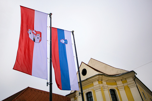 Flags of Slovenia and the city of Maribor.
