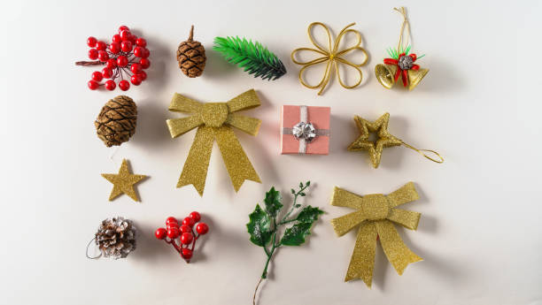 istock Christmas composition - toys, gifts, pine branches on a white background. Flat lay. 1446056964