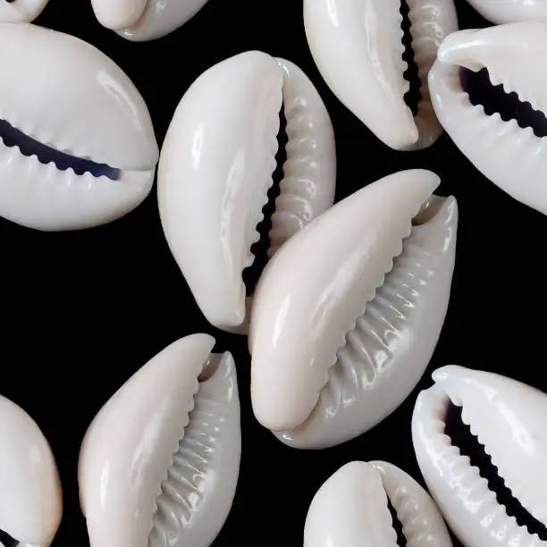 Seamless pattern with cowrie shells on black background.