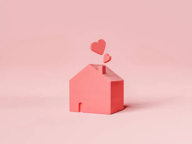 3d rendering of a red wooden house with hearts coming out of the chimney on a studio background