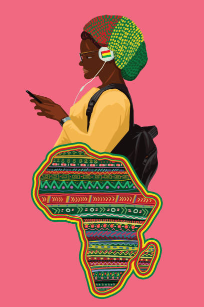 молодая африканская женщина слушает музыку - black background women portrait afro stock illustrations