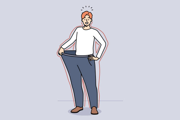 ilustrações de stock, clip art, desenhos animados e ícones de smiling man in loose pants show weight loss - loose weight
