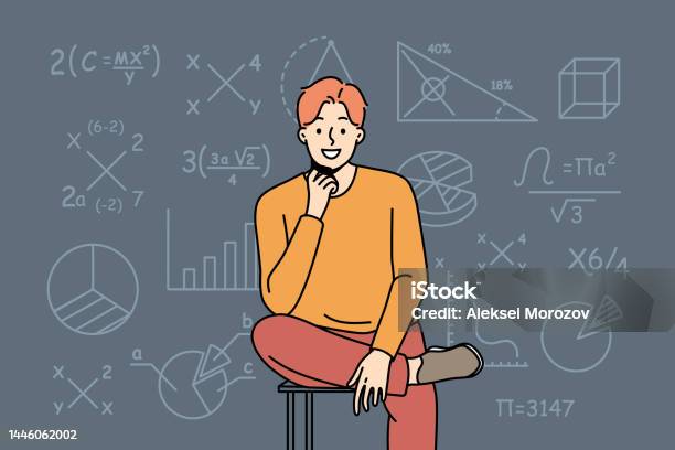 Man Playing Math Smiling Man Sit Near Board With Math Formula Stock Illustration ...