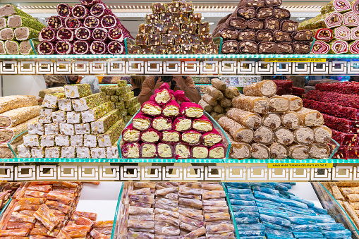 Popular turkish sweets and lokums displayed on shelves for sale in Istanbul, Turkey