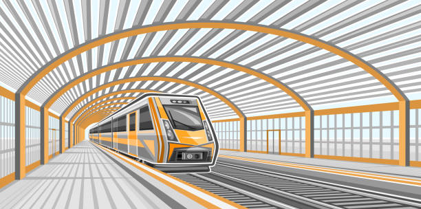 ilustraciones, imágenes clip art, dibujos animados e iconos de stock de ilustración vectorial de la estación de tren - urban scene railroad track train futuristic