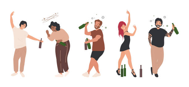 Drunk People Set, Men and Women with Alcohol Drunk People Set, Men and Women with Alcohol, wine Bottles in their Hands. . Cartoon flat vector illustration isolated on white background. Walking Tipsy Screwed alcoholism stock illustrations