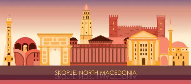 Vector illustration of Sunset Skyline panorama of city of Skopje, North Macedonia