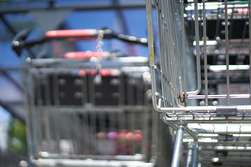Wire basket from a shopping cart. Low angle view. Closeup.