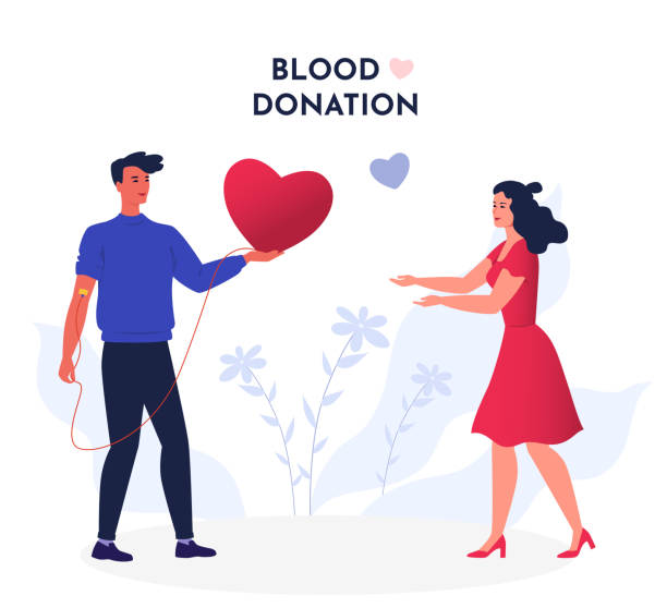 Man donating blood to a woman. Red heart. Ad, banner, web. Blood donation concept. Charity. Donor. Flat vector illustration. Man donating blood to a woman. Red heart. Ad, banner, web. Blood donation concept. Charity. Flat vector illustration. blood bank stock illustrations