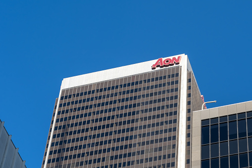 Los Angeles, CA, USA - July 5, 2022: Aon Risk Solutions\noffice in Aon Center, Los Angeles, CA, USA. Aon PLC is a British-American multinational financial services firm.