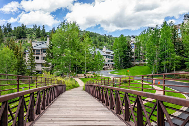 puente peatonal en la ruta de senderismo village loop en la estación de esquí beaver creek de vail cerca de avon, colorado en verano con álamos temblones bosque y casas casas edificios de condominios - colorado coniferous tree mountain range mountain fotografías e imágenes de stock