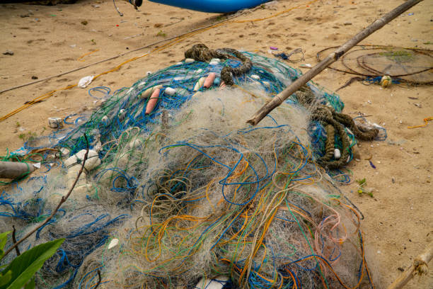 filets de pêche placés sur le sable de la plage - fishing net netting nobody color image photos et images de collection