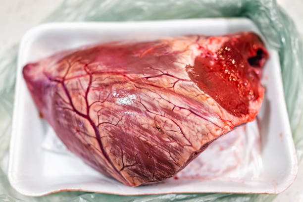 macro closeup de carne fresca órgão de carne do músculo cardíaco, alimento nutritivo na bandeja do saco de plástico na mesa da cozinha - 24454 - fotografias e filmes do acervo