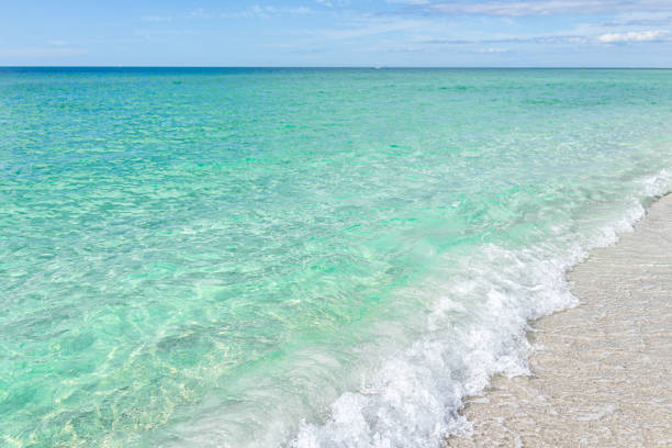 Clam pass park beach of Naples at Collier county, Florida with nobody by beautiful turquoise blue ocean sea water of Gulf of Mexico on sunny weather day stock photo