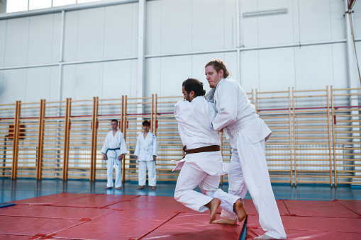 Drop Seoi Nage Throw Performed In Judo Dojo