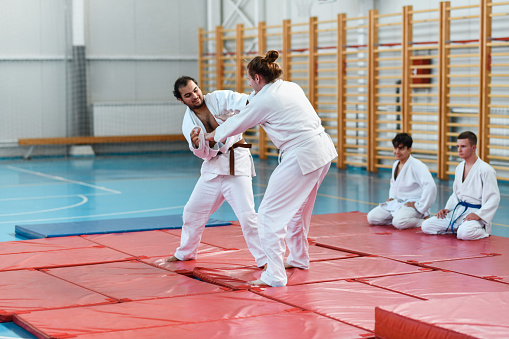 Judo Players Practicing Randori Sparring