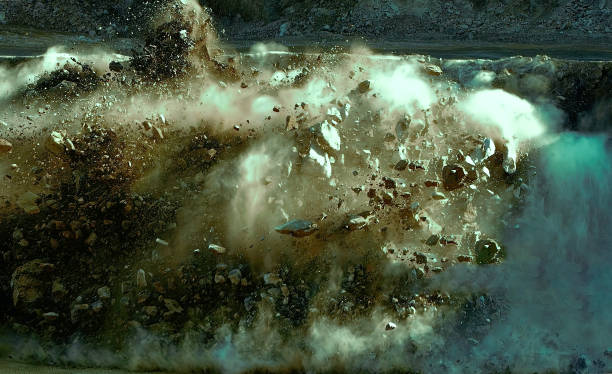 Flying rock particles during detonator blast Detonator blasting on the mining site in the middle east Oman stock pictures, royalty-free photos & images