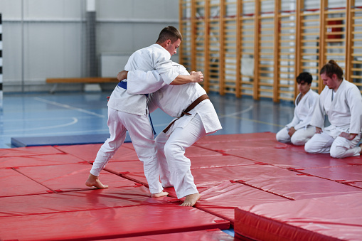 Judo Players Practicing New Sparring Techniques